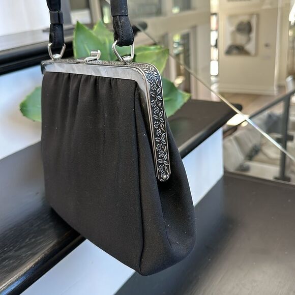 L and M vintage-look like new evening bag satchel purse black silver canvas - Picture 4 of 12